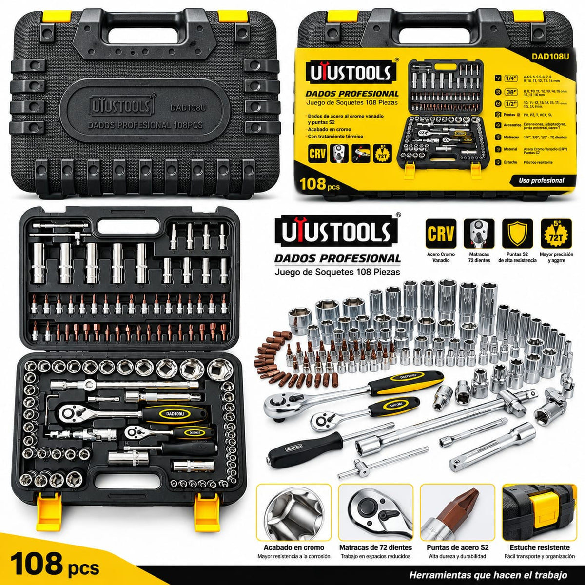 Juego de copas x 108 piezas UYUSTOOLS con cuadrantes de 1/4" y 1/2